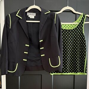 Carlisle Vintage Black Cotton Blazer, Neon Green Accents & Polka Dot Tank.Size 6